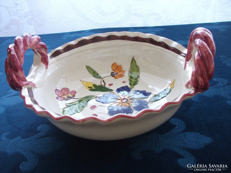 Spectacular hand-painted, scratched, flower-patterned majolica Italian centerpiece with braided tongs