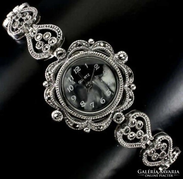 Silver antique power patina women's jewelry watch richly loaded with 111 carat marcasite! Guaranteed!