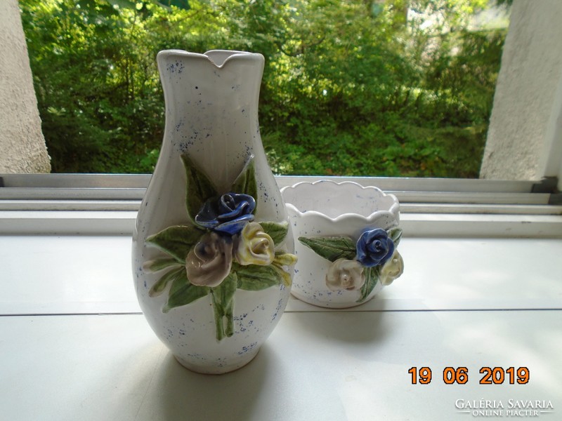 Ceramic vase and bowl with plastic hand-made roses