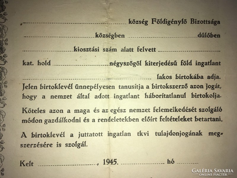 Birtoklevél/1945/Amely Az Ideiglenes Nemzeti Kormánynak A Nagybirtokrendszer Megszüntetéséről.......