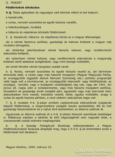 Birtoklevél/1945/Amely Az Ideiglenes Nemzeti Kormánynak A Nagybirtokrendszer Megszüntetéséről.......