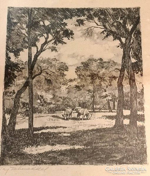 Fk/049 - istván biai föglein - etching titled landscape with cows