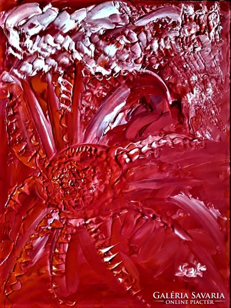Kata Szabo: "red coral" (abstract) oil painting, 40x30 cm, wood fiber, nice frame