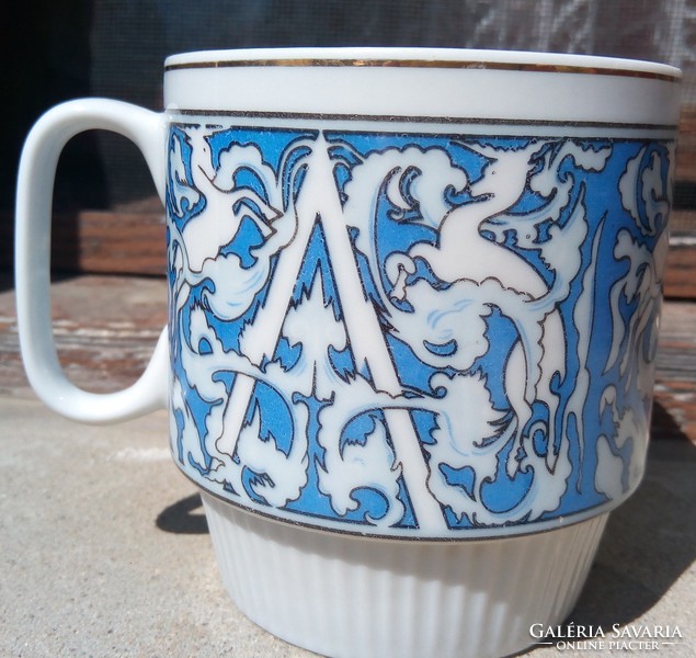 Chinese porcelain mug, glass, cup, aqua blue and white deer, with gold stripe,
