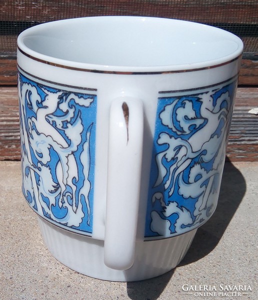 Chinese porcelain mug, glass, cup, aqua blue and white deer, with gold stripe,