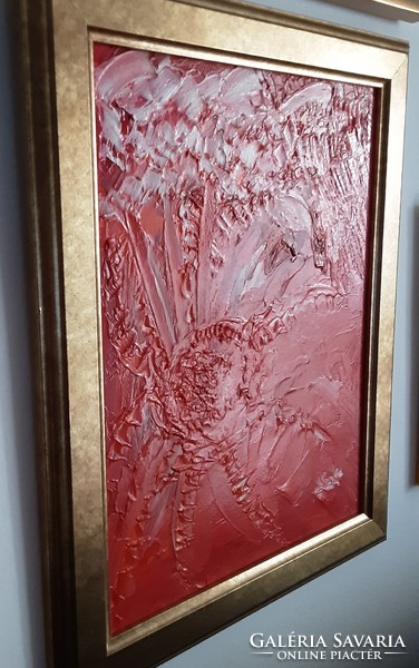 Kata Szabo: "red coral" (abstract) oil painting, 40x30 cm, wood fiber, nice frame