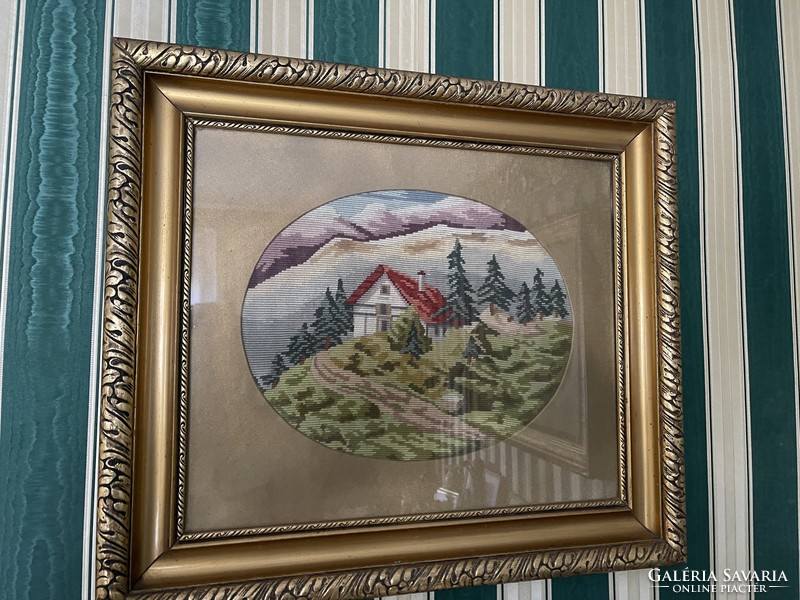​ Tű Gobelin kép. Gyönyörű aranyozott keretben. 60cm x52cm  1930-as évekből ​