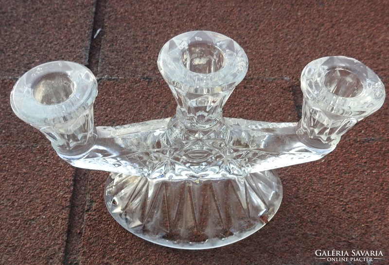 Heavy three-pronged cast glass candle holder