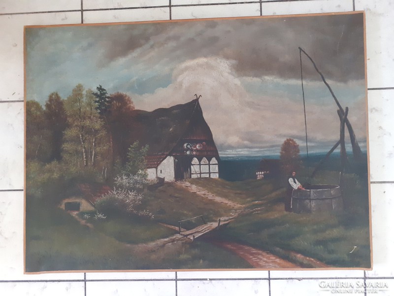 Falusi tájkép gémeskúttal, 19.századi olaj-vászon, ismeretlen