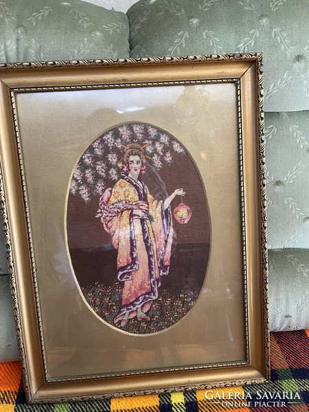 ​ Tű Gobelin kép. Gyönyörű aranyozott keretben. 53cm x40cm  1930-as évekből ​