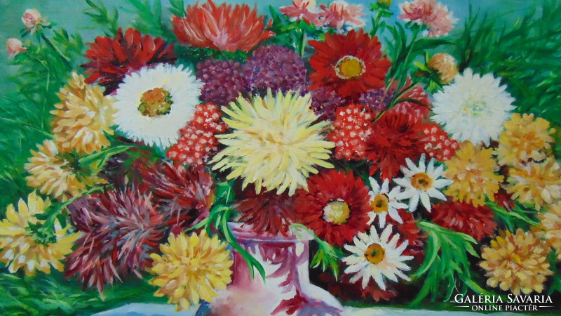 Cheerful colorful flowers, large oil-wood still life