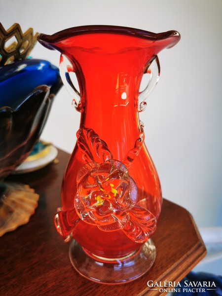 Czech blown glass vase with plastic flowers