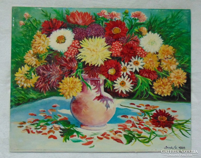 Cheerful colorful flowers, large oil-wood still life