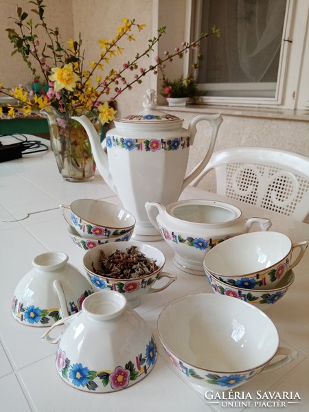 Antique Czech porcelain art deco tea / coffee pot, sugar holder, 8 cups