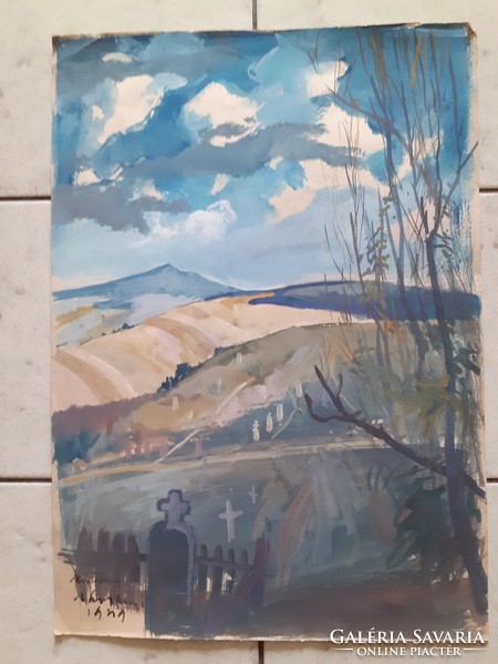 Kis Ferenc: Temető a dombok közt, jelzett régi akvarell 1949-ből