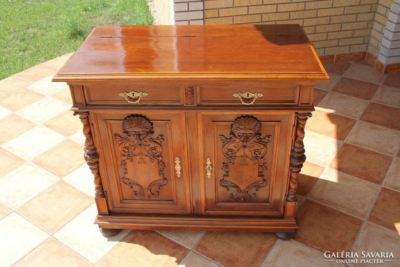 Pewter, antique richly carved castle chest of drawers