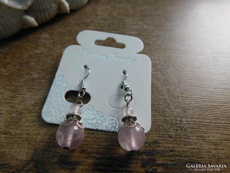 Rose quartz earrings with pearl caps and pearls, length: 4 cm