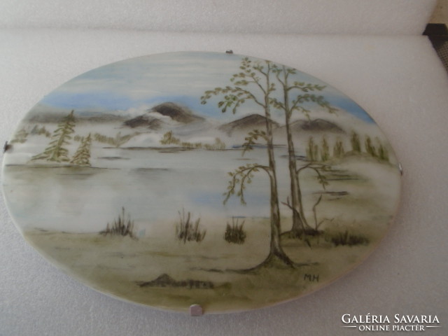 Kézzel festett tájkép jelzett  jelenetes porcelán kép - falikép antik cca 1940-50 évek hibátlan
