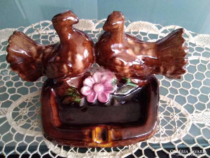 A loving gerle couple from the past, brown glazed ceramic ashtray.