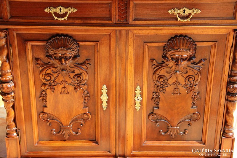 Pewter, antique richly carved castle chest of drawers