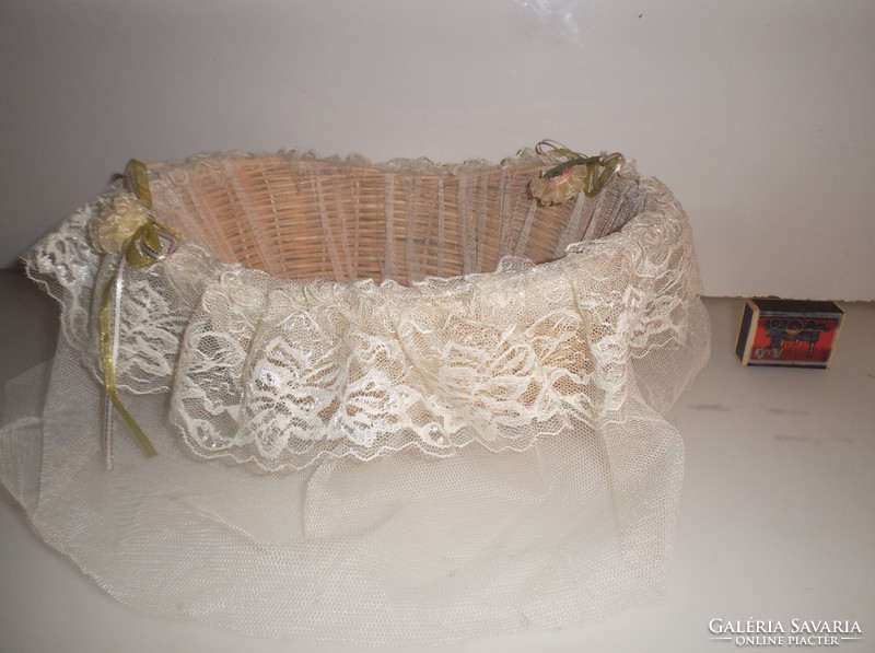 Basket - new - 30 cm - cane - with lace - with tulle - 30 x 21 x 9 cm