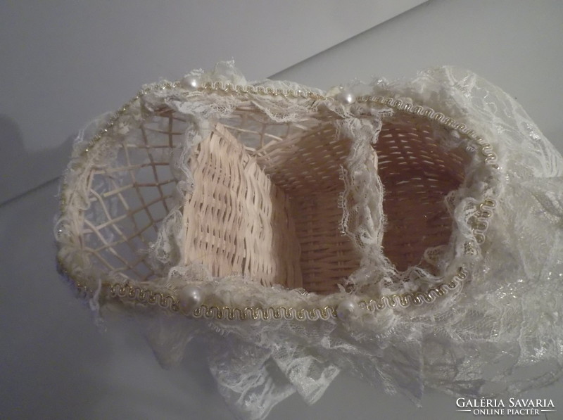 Basket - new - 20 cm - three compartments - cane - with lace - with tulle - 20 x 12 x 11 cm