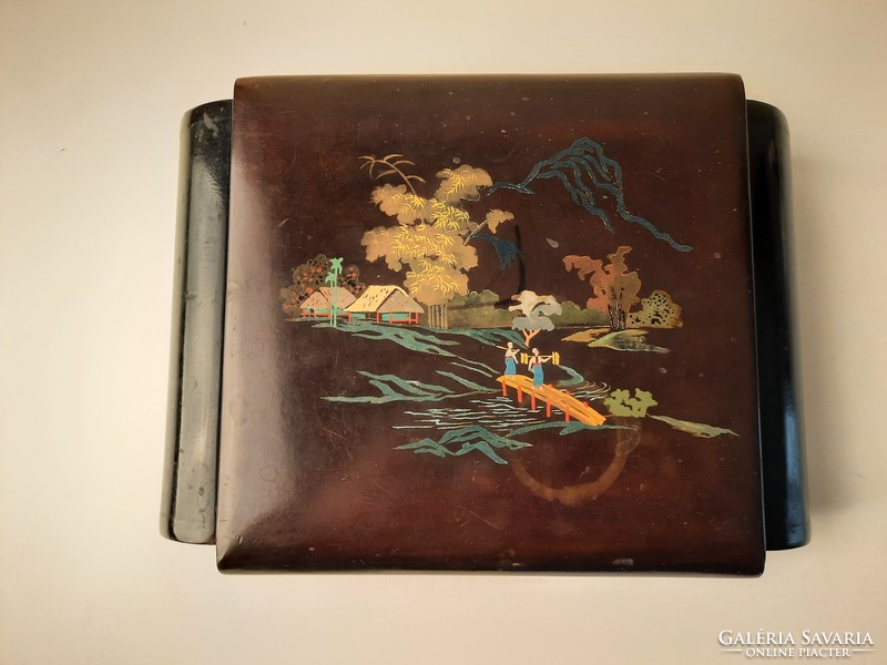 Antique oriental lacquer makeup box with painted scene