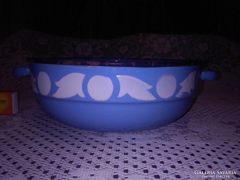 An old, light blue enamel bowl with a foot with a rare pattern - for folk decoration - bonyhád