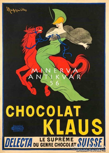 Vintage csokoládé reklám plakát reprint nyomat Cappiello piros ló zöld ruhás nő kalap csoki édesség