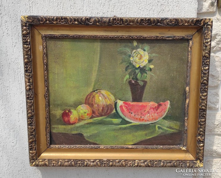 Table still life, melon, flowers painting, oil on wood