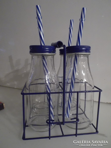 Compartment - metal - with 4 milk bottles - new - compartment 14 x 14 x 23 cm - glass 2 dl - Austrian - royal blue