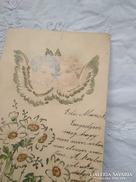 Antik/szecessziós dombornyomott litho/litográfiás képeslap/üdvözlőlap angyalok 1904