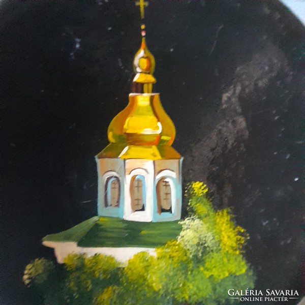 Fára festett orosz miniatűr kép  9,5 cm