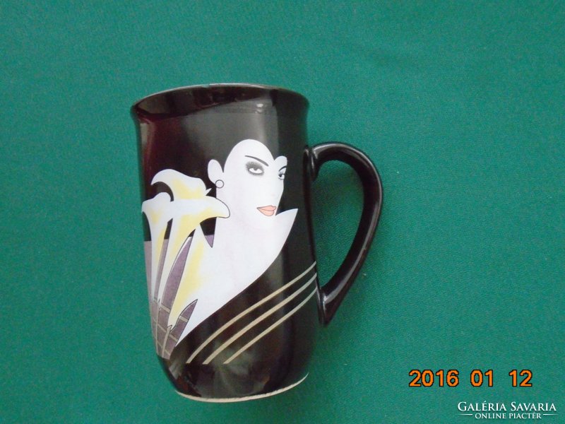 Mug with art deco style black and white portrait of a lady with a chin