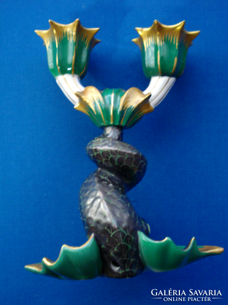 Art Deco Herendi, kínai sárkányhal alakú dupla gyertyatartó, lámpatalp (1940)