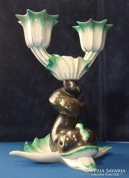 Art Deco Herendi, kínai sárkányhal alakú dupla gyertyatartó, lámpatalp (1943)