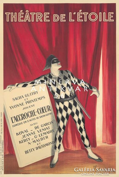 Vintage francia színház reklám plakát reprint nyomat Cappiello Pierrot káró minta piros függöny