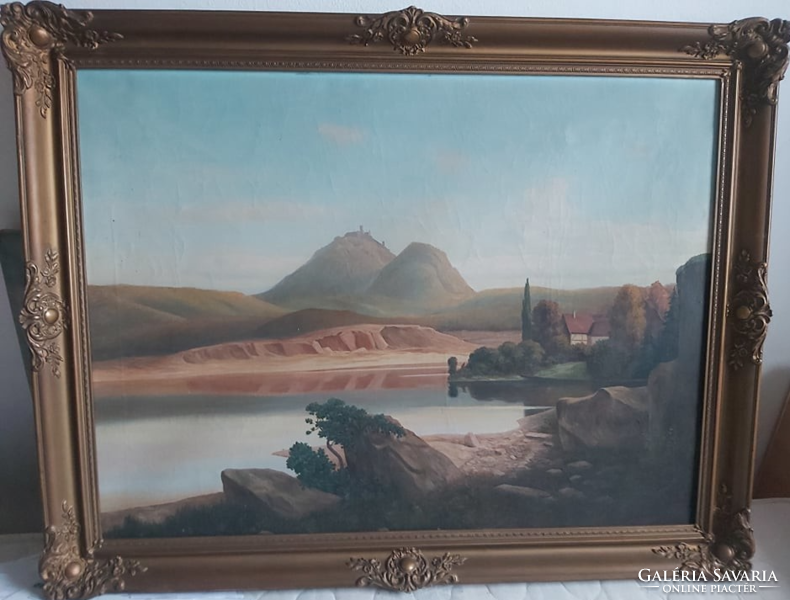 Lake view (oil painting with nice frame, 60x80) with a castle in the background, jh monogram