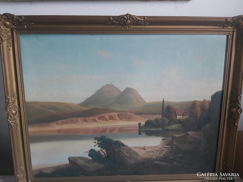 Lake view (oil painting with nice frame, 60x80) with a castle in the background, jh monogram