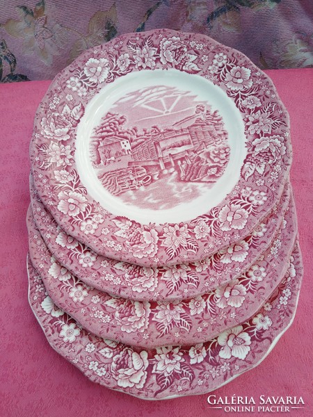 Antik angol jelenetes porcelán süteményes tányér