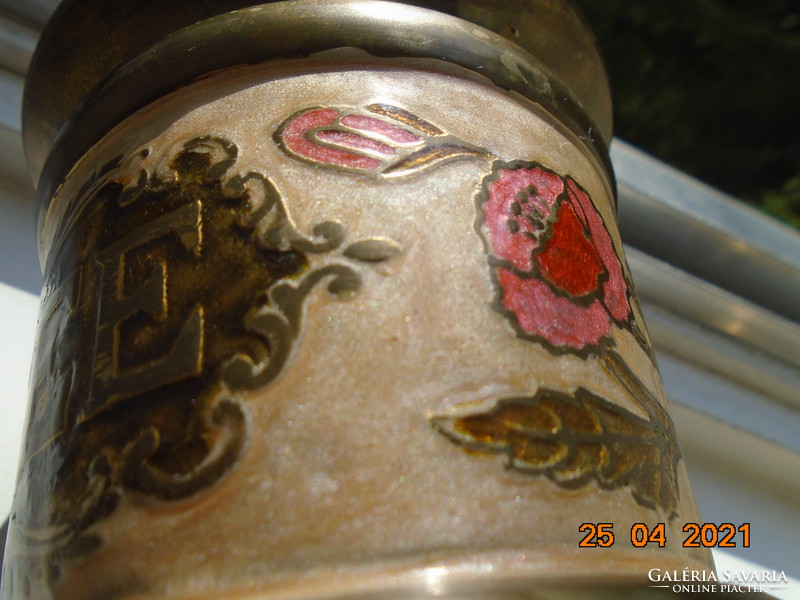 Rekeszzománc  kézzel készült virágmintákkal, arany felirattal tömör réz/bronz kávé tároló
