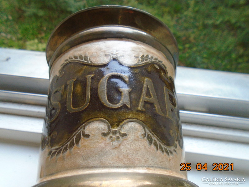 Antique gold lettering, compartment enamel with handmade floral patterns copper / bronze lid sugar container