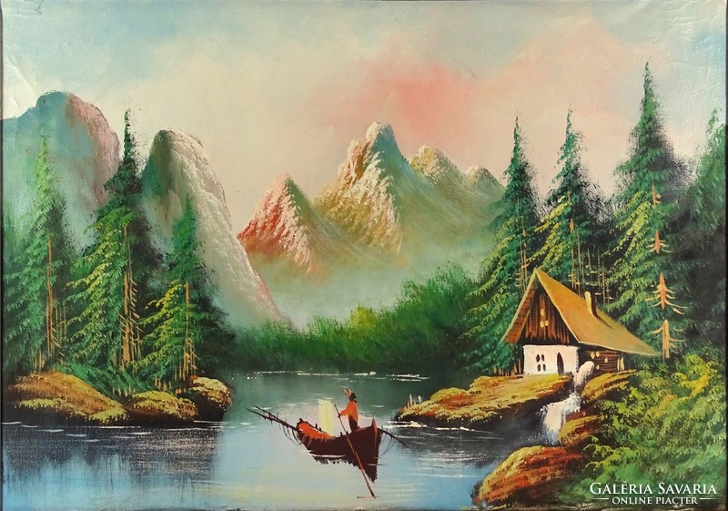 1D930 XX. századi festő : Halászcsónak havas hegyek lábánál