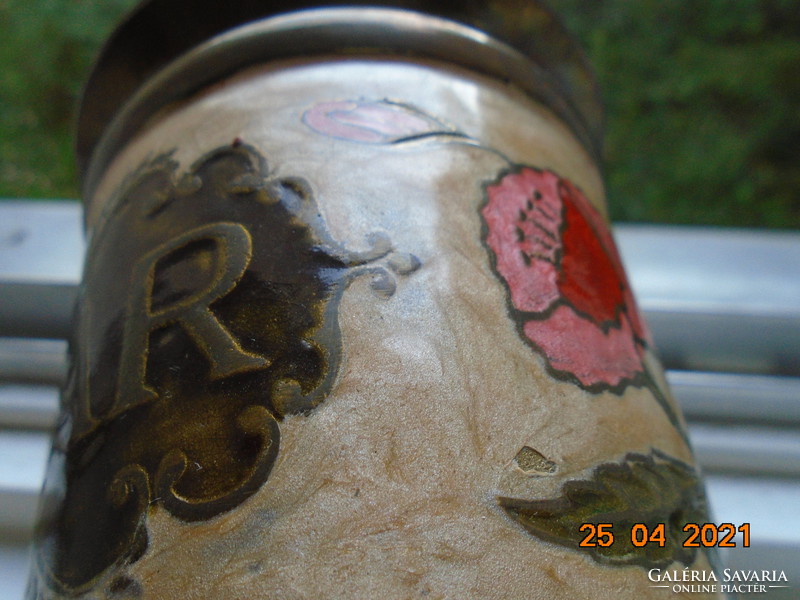 Antikolt arany felirattal,rekeszzománc kézzel készült virágmintákkal réz/bronz fedeles cukor tároló