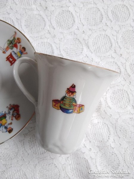 Antik cseh J.S. Maier & Co. porcelán teás/kávés szett gyerekmotívummal, bohóc, roller, kutya