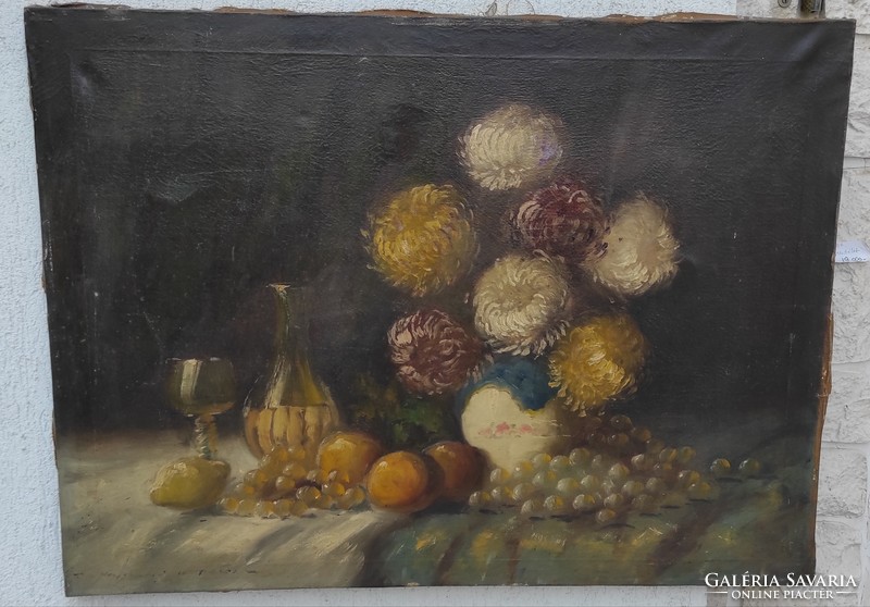 Antik csendélet festmény asztali,viràg-gyümölcs csendélet