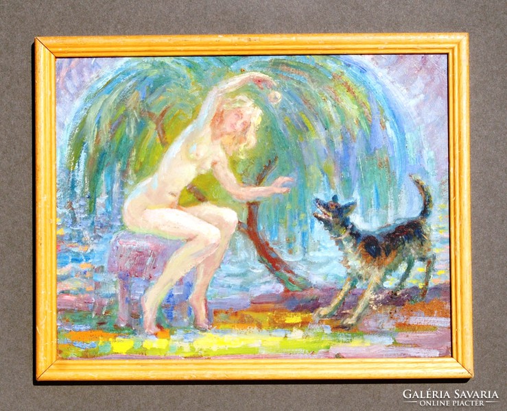 Hungarian painter: nude playing with a dog - oil painting, framed