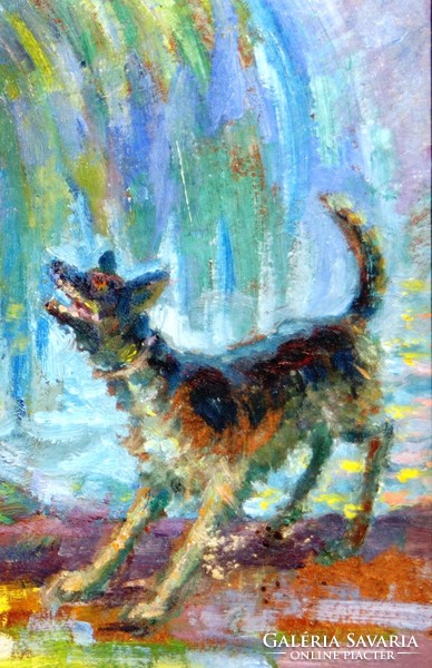 Magyar festő: Kutyával játszó akt - olajfestmény, keretezve