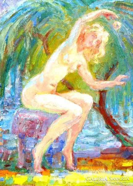 Hungarian painter: nude playing with a dog - oil painting, framed