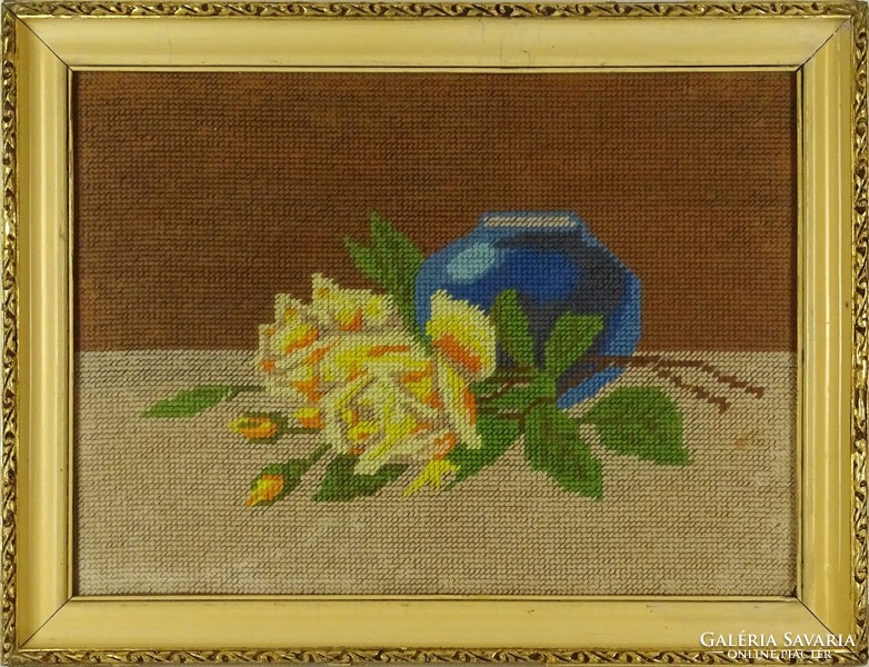 1D987 Asztali virágcsendélet kék vázával keretezett gobelin 32 x 42 cm